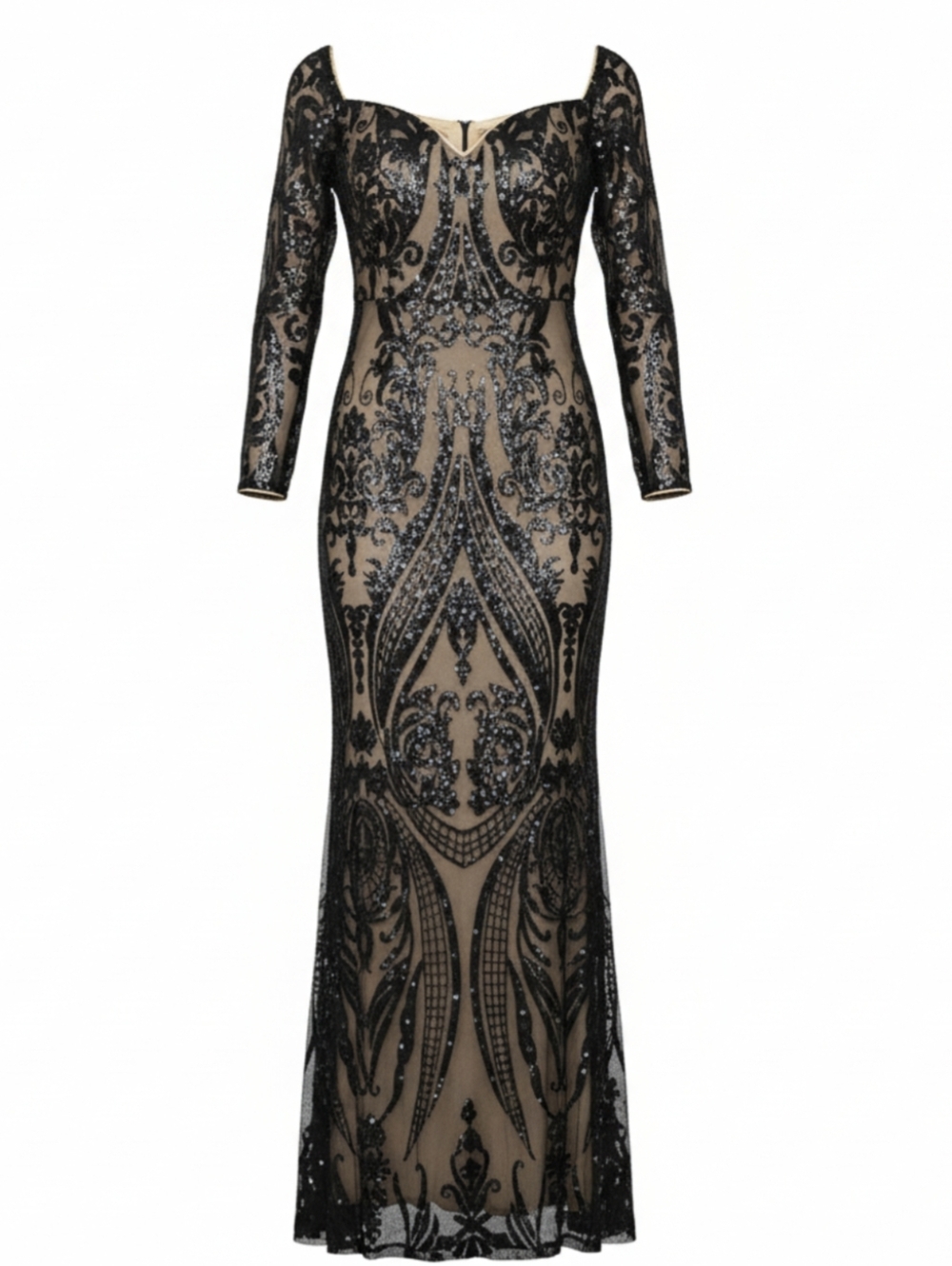 Black Beaded Long Sleeve Evening Gown